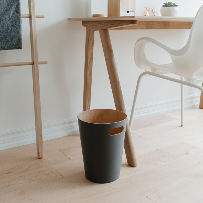 Woodrow Small Bin – Open Wood Wastebasket for Office, Bedroom, Bathroom, 2.25 Gallons (7.5 L), Charcoal
