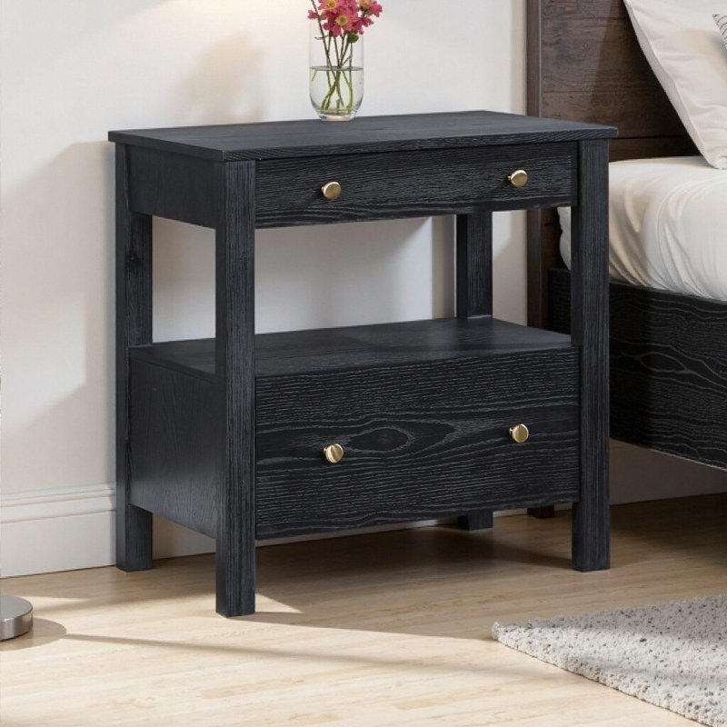 Table de chevet 25 po à 2 tiroirs - noir avec boutons dorés
