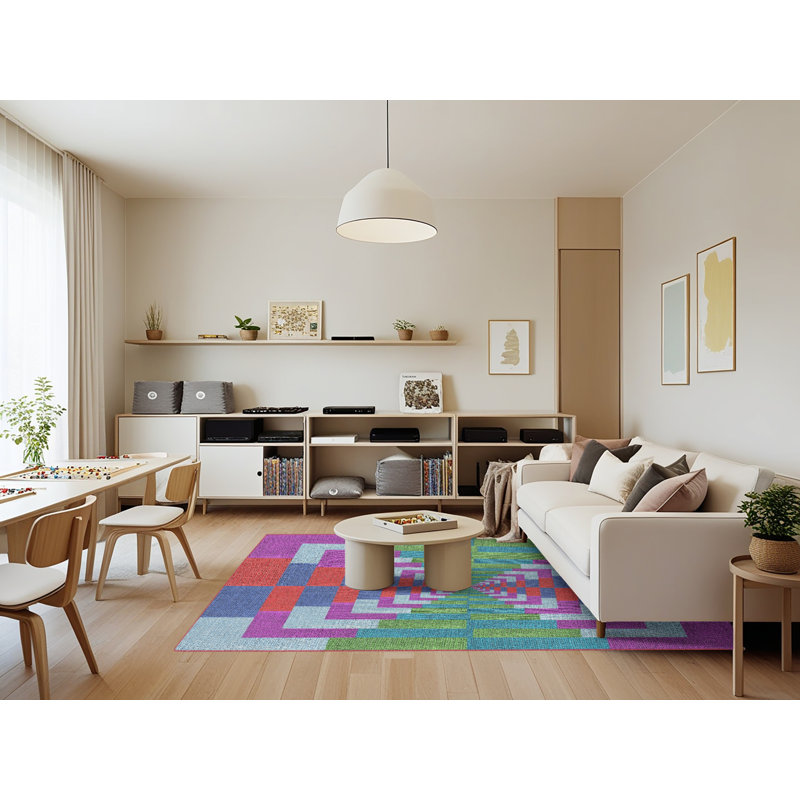 Tapis décoratif bleu géométrique, Rectangle 7 pi x 9 pi