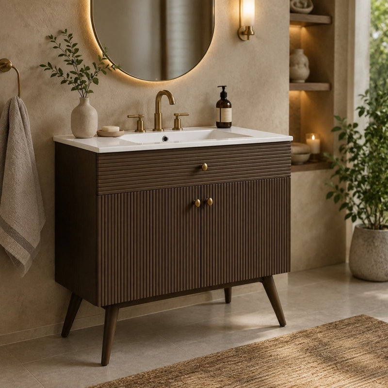 Meuble-lavabo autoportant de 91 cm (36 po) avec lavabo en céramique, 2 portes à fermeture amortie et armoire à rayures brun foncé