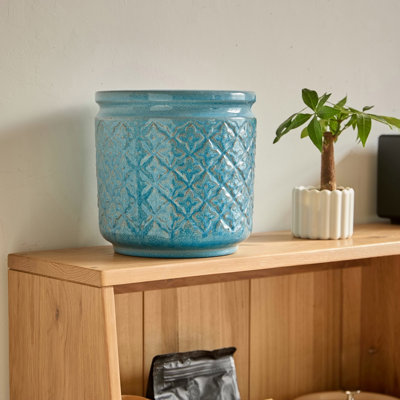 Ensemble de pots de fleurs en céramique fait à la main de 3, 15/12/9 pouces de diamètre, bleu avec motif géométrique, pour orchidées d'intérieur / extérieur sur la fenêtre et la bibliothèque, argile respirante