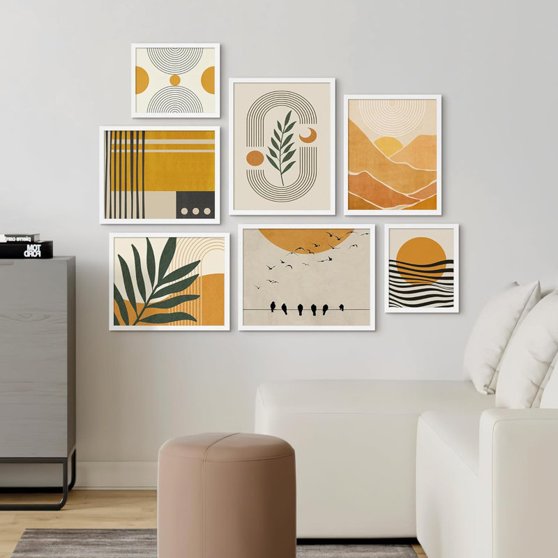 Collage Mid-Century Pastel Circle Plants Abstract Modern Art Boho For Living Room, Room, Office, encadré sur papier, 7 pièces