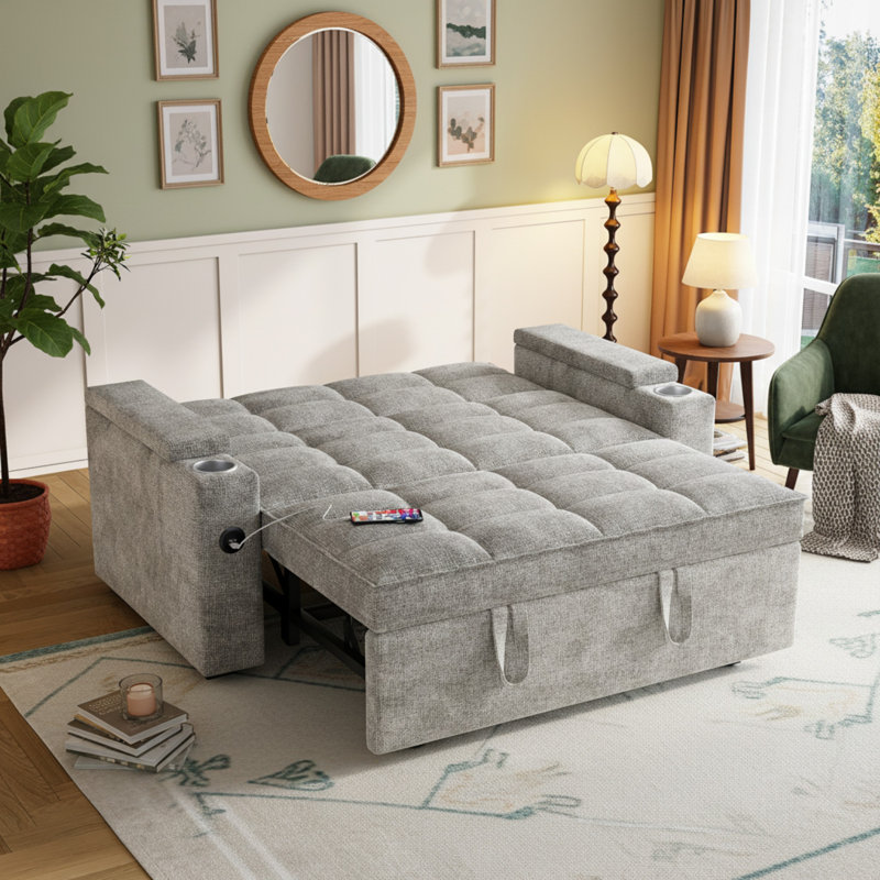 65'' Chenille Upholstered 3-in-1 Convertible Sofa Bed with Pull-Out Sleeper & 360° Swivel Side Table, Gray