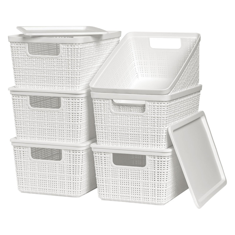6 Pack Plastic Storage Baskets With Lids,White Breathable Stackable Storage Bins,Small Storage Containers