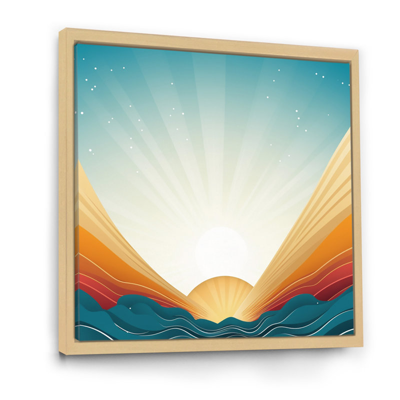 " Bold Graphic Sunset In Teal And Orange ", Natural Floater Framed, 24" H x 24" W x 1" D