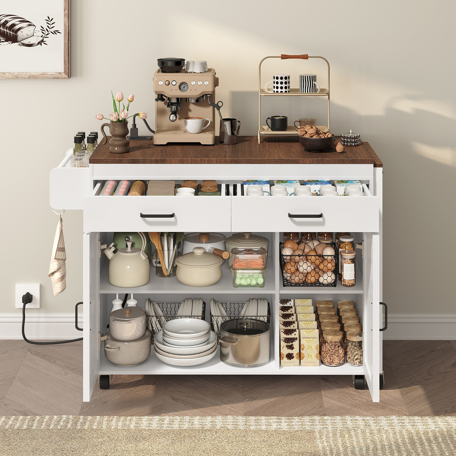 Winston Porter Extendable Kitchen Island With Outlets & Switch, Mobile ...