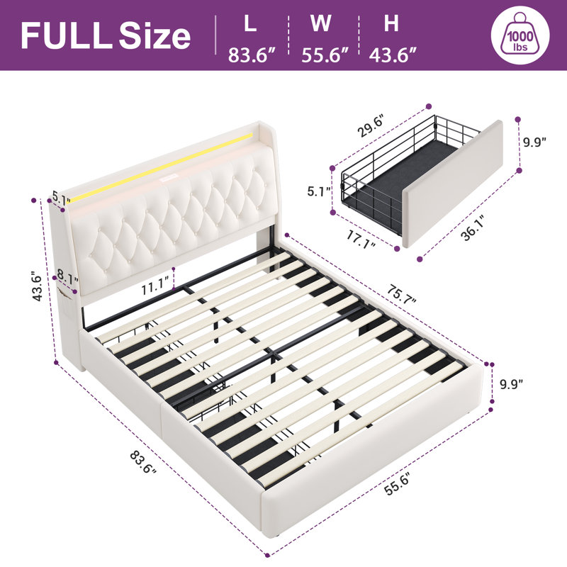 Full Size Beige Upholstered Bed with Tufted Headboard, 2 Storage Drawers & LED Lights, Full, Beige