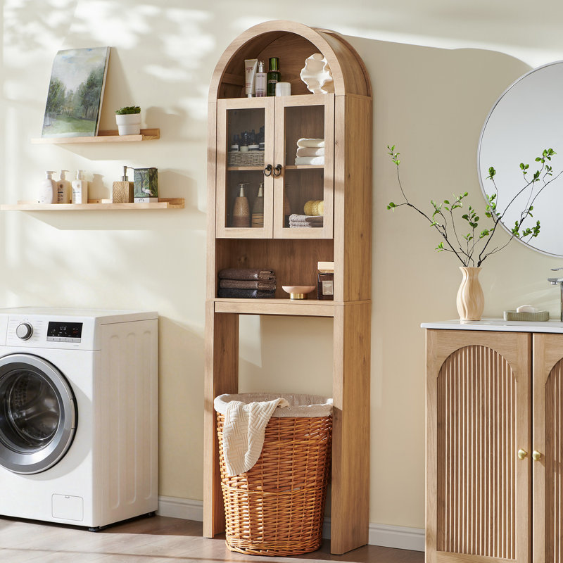 Ahart 77" H Modern Arched Freestanding Over The Toilet Storage Cabinet, Bathroom Organizer with Acrylic Doors & Adjustable Shelves,Natural