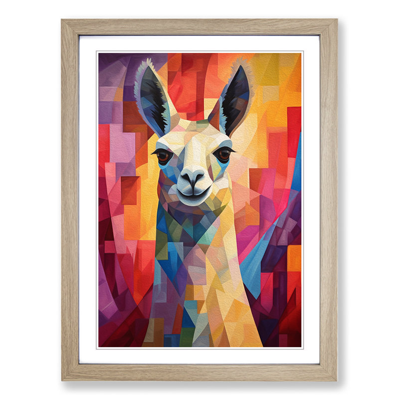 Llama Cubism - Single Picture Frame Print on Wood, 64cm H x 46cm W x 2cm D, Oak Framed