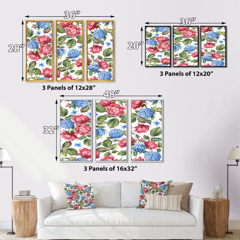 Rose rose et hortensia bleu avec feuilles sur fond blanc - reproduction de cadre flottant sur toile 3 pièces
