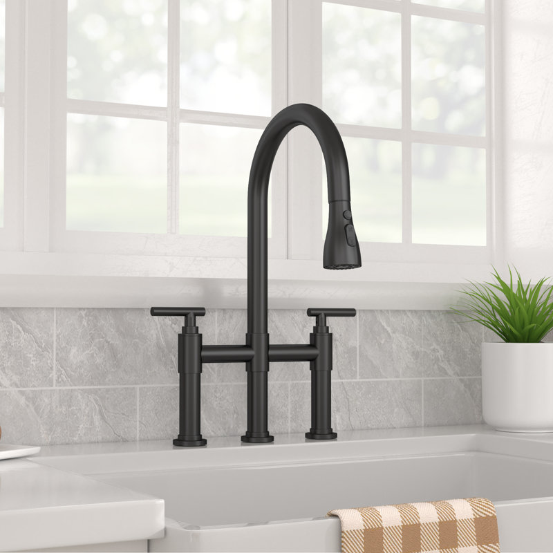 2-Handle Bridge Kitchen Faucet with Pull-Down Sprayer, Matte Black