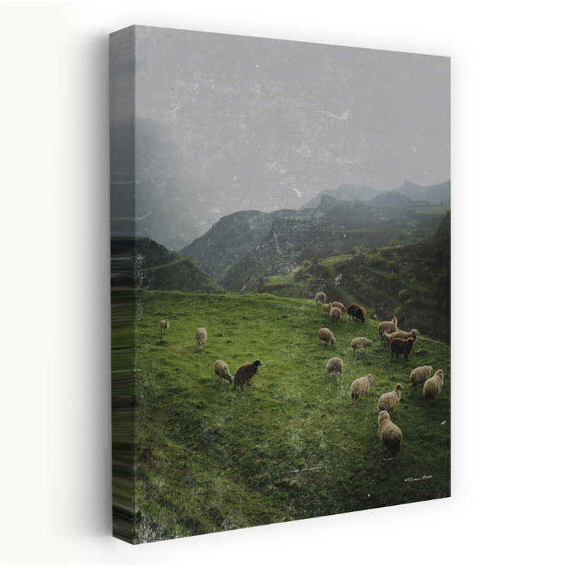 Moutons en pâture, paysage abstrait rétro, art naturel, H 24 po x l 16 po
