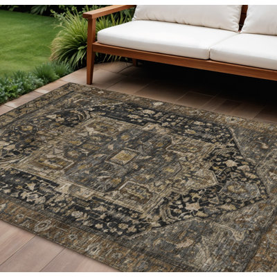 9' X 12' Brown Medallion Washable Indoor Outdoor Area Rug