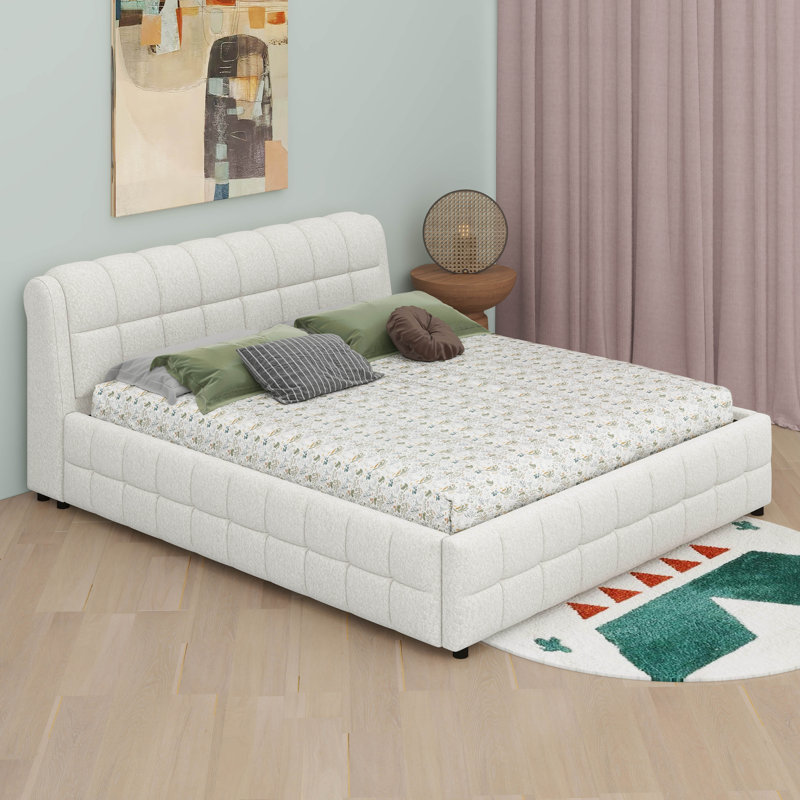 Lit plateforme tapissier avec tête et pied de lit épais, structure de lit tapissier avec motif, Très grand, Blanc