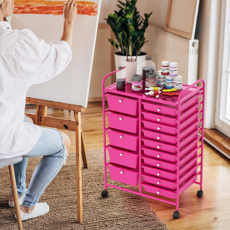 Hot Pink Steel Frame 15-Drawer Rolling Storage Cart