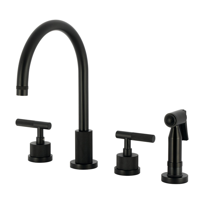 Kingston Brass Convergent Double-Handle 4-Hole Widespread Kitchen Faucet With Knurled Handle 4-Hole And Brass Sprayer