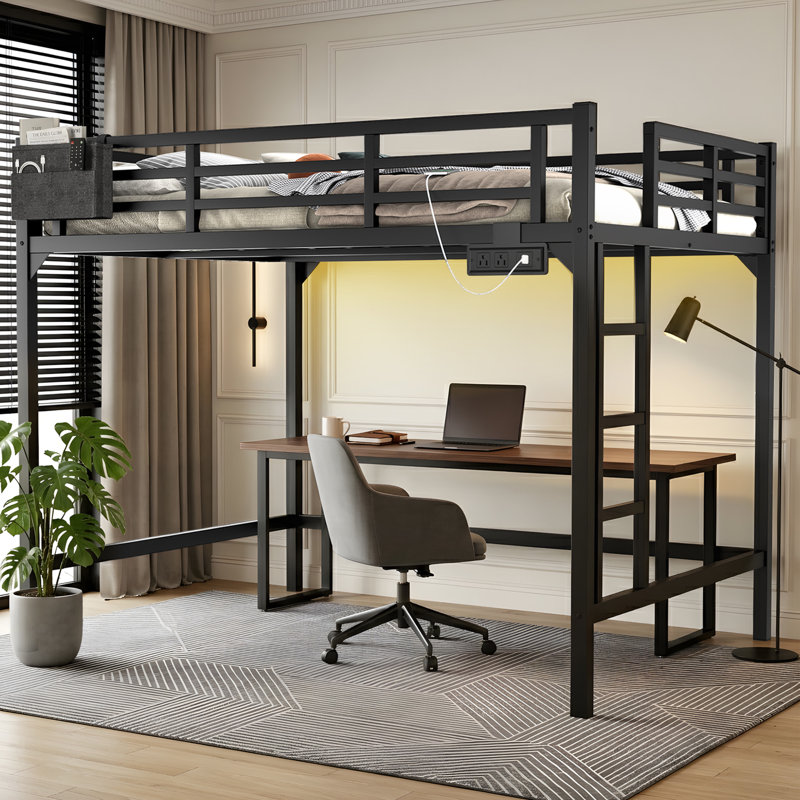 Full Size Metal Loft Bed with Charging Station and LED Light for Small Spaces, Full