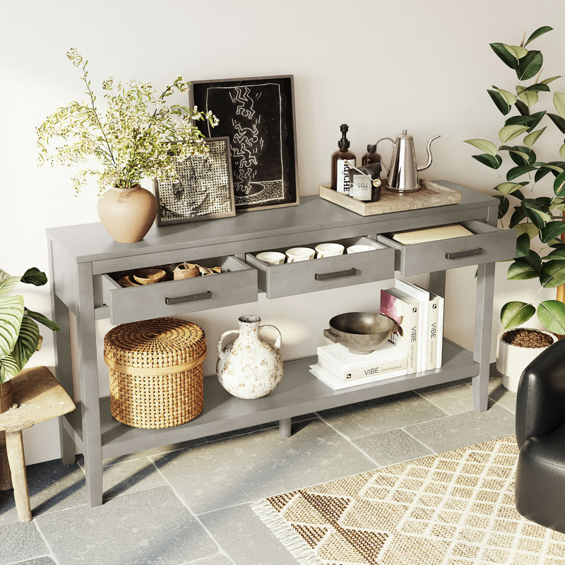 Console moderne à 3 tiroirs avec tablette de rangement, Gris foncé