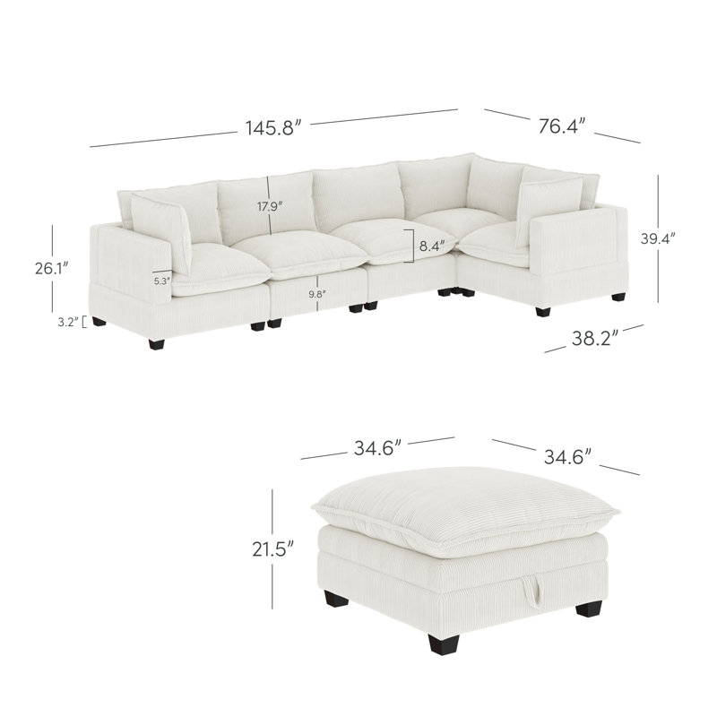 Somerdale Modern Upholstered Cloud Sectional With Ottoman, 39.4" H x 145.8" W x 76.4" D, Pearl White Corduroy
