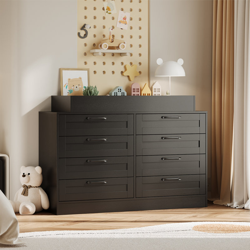Changing Table Dresser with Power Outlet, 8 Storage Drawers, Nursery Organizer, Black
