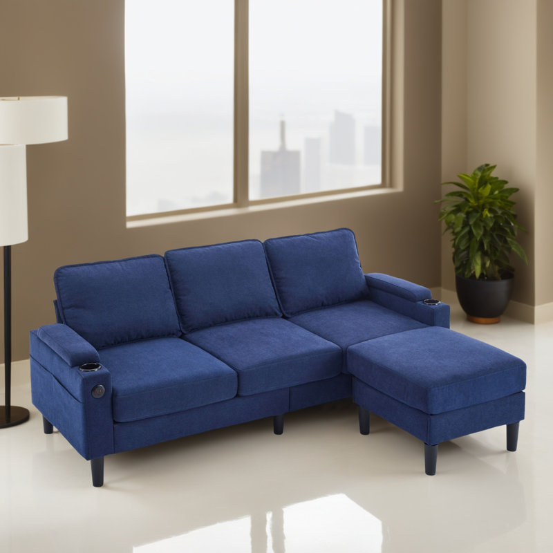Canapé modulaire réversible 78,12 po avec repose-pieds pour salon, Lin bleu