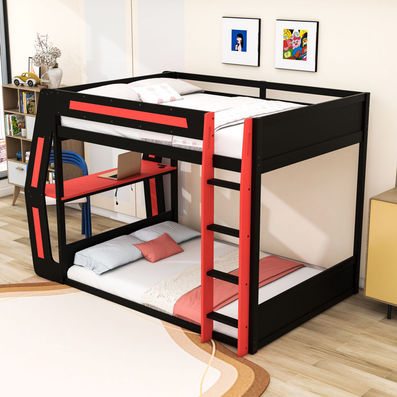 Lit superposé double en bois avec bande lumineuse, ports de charge et bureau, Rouge
