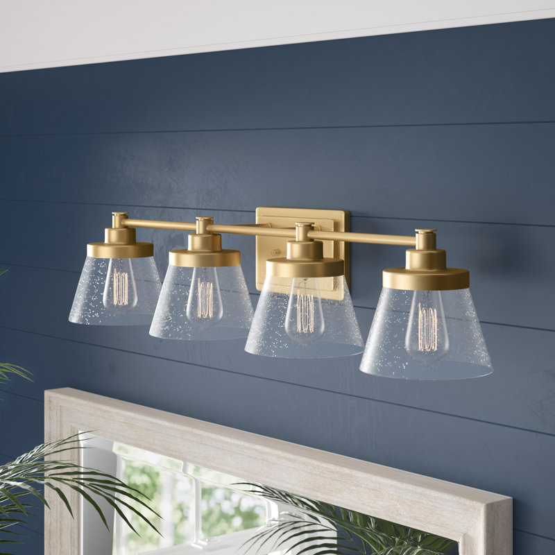 Éclairage pour meuble-lavabo à 4 lumières avec abat-jour en verre bullé Rayleigh, Laiton rétro