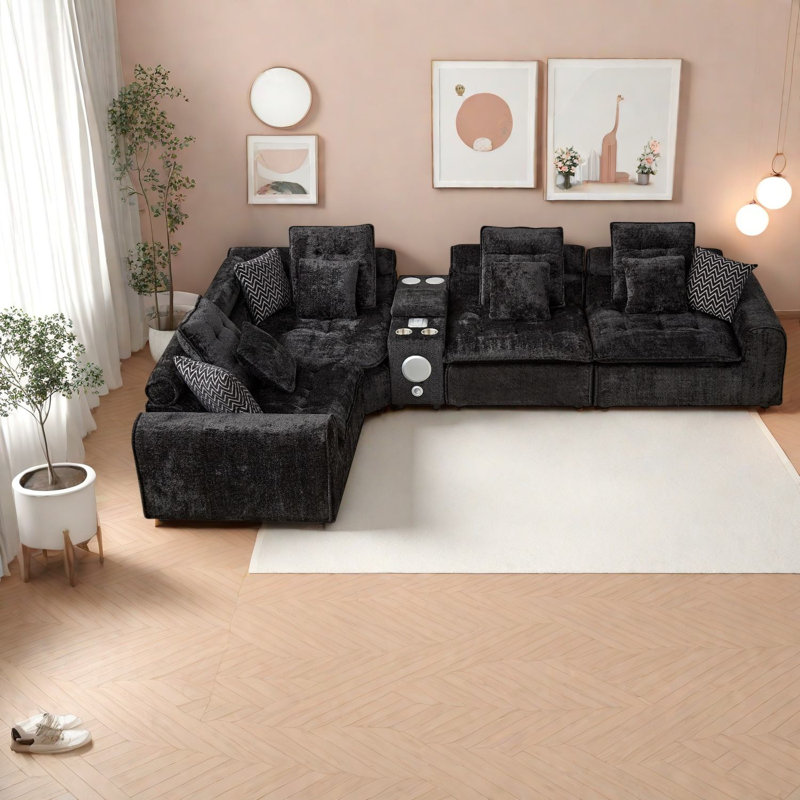 Canapé de coin surdimensionné en boucle noire avec rangement, canapé modulaire moderne de 137,7 pouces, Black