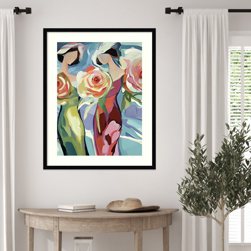 "Deux femmes avec des roses" par Elena Avanesova, reproduction d'art encadrée en bois, 32 x 25, Noir Svelte