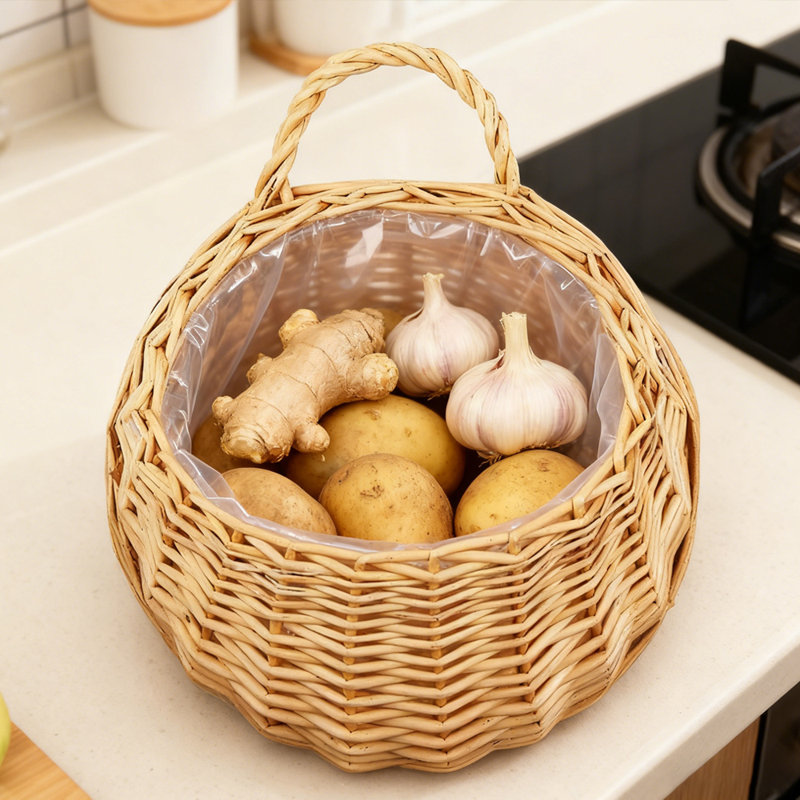 1 Piece, 7.87-Inch Round Woven Wicker Storage Basket with Handle, Decorative Home Storage for Plants, Kitchen, Bathroom or Holiday Decor, Natural Color