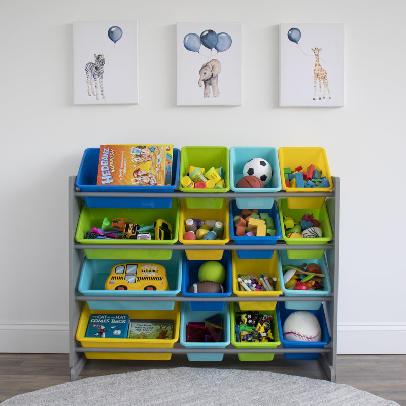 Raul Three Posts™ Toy Organizer with Bins, Grey/MultiColor
