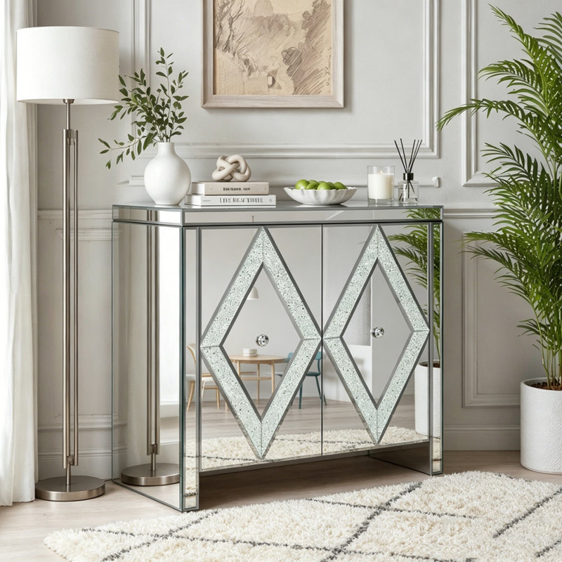 Armoire de rangement avec garniture de miroir et conception en forme de losange, 31.5"W Diamond Crystal Doors, Silver
