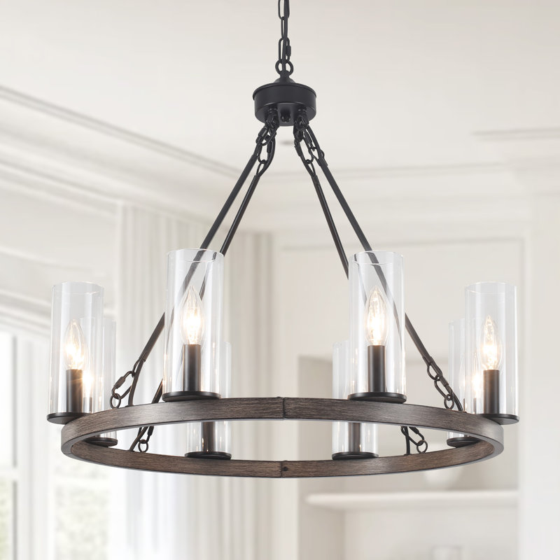 8 - Light 25.95" Dimmable Farmhouse Candle Style Wagon Wheel Chandelier With Glass Shape For Dining Room, Brown/Black