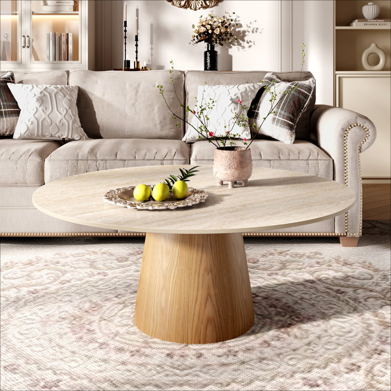 Table basse Mid-Century, 17.2" H x 35" W x 35" D, Travertin mat / bois
