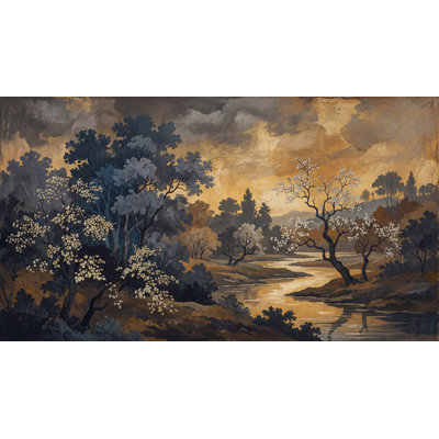 Papier peint foncé avec paysage de rivière et arbres muraux amovibles