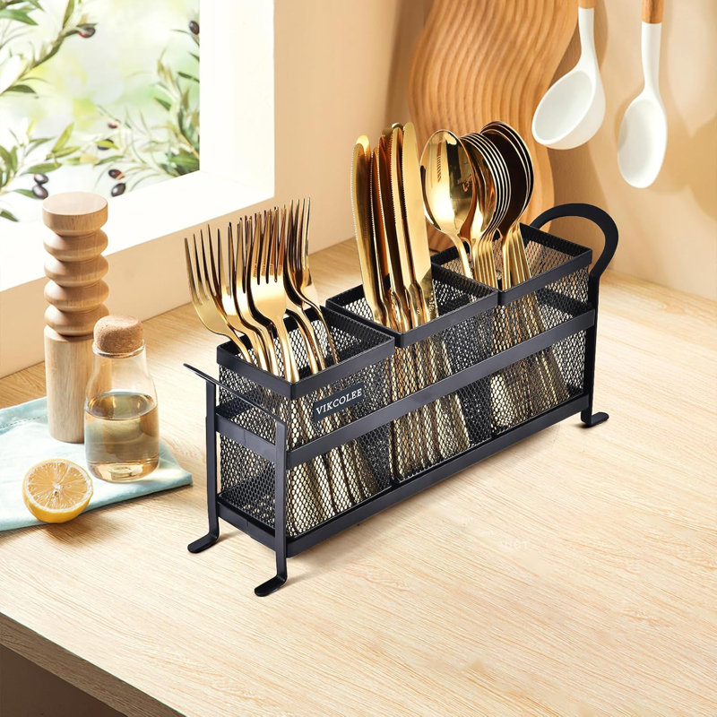 Porte-ustensiles de cuisine en métal avec 3 compartiments - Rangement compact pour couverts, cuillères, fourchettes et couteaux - Parfait pour le comptoir, la salle à manger et l'extérieur