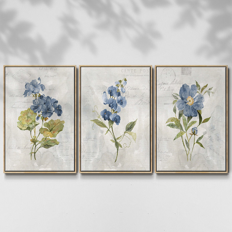 Lin bleu géranium encadré sur toile, ensemble de 3 pièces, Naturel, H 27 po x l 54 po