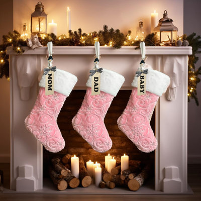 Ensemble de 3 bas de Noël en fausse fourrure à paillettes 19 pouces, décorations de Noël, rose