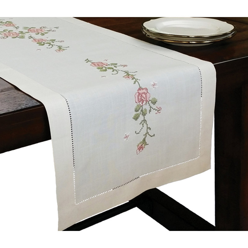 Roses Embroidery with Hand Rendered Cutwork Table Runner, 36" L x 16" W