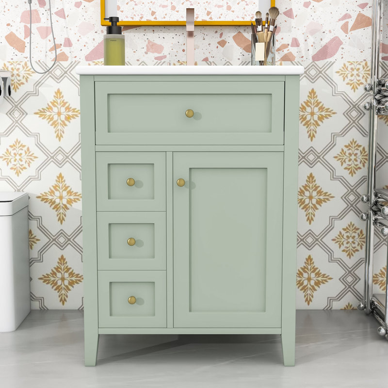 Meuble-lavabo de salle de bain avec lavabo, tiroirs de rangement et tablette réglable, Vert