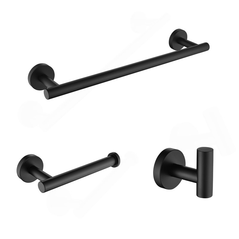 3-Pieces Bathroom Hardware Accessories Set - Towel Bar, Toilet Paper Holder, Robe Towel Hooks, Matte Black