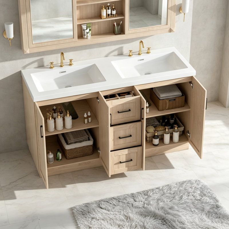 Ensemble de vanité double moderne en bois clair de 150 cm (59 po) avec lavabo intégré, portes d'armoire à fermeture amortie et nombreux rangements.