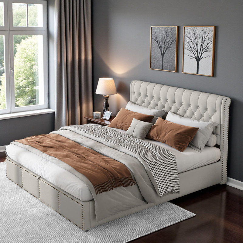 Caddo Velvet Upholstered Bed With Hydraulic Lever, Functional Storage Bed, Rivet Decoration, Kingsize (5'), Light Grey Linen
