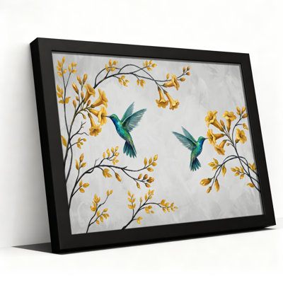 Toile noire encadrée en bois noir pour le salon, la chambre à coucher, le bureau ou le vestibule - Décoration murale décorative avec fleur de colibri
