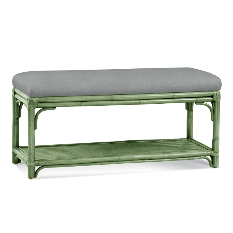 Summer Retreat Wicker Shelf Storage Bench, Celery, Light Blue Performance Fabric; 0851-55
