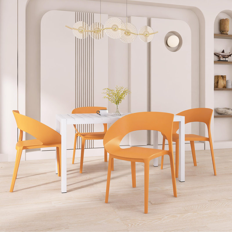4-Person Patio Dining Set, Indoor & Outdoor Polypropylene Side Chairs with White Rectangular Table - Lightweight PP Tabletop with Metal Legs