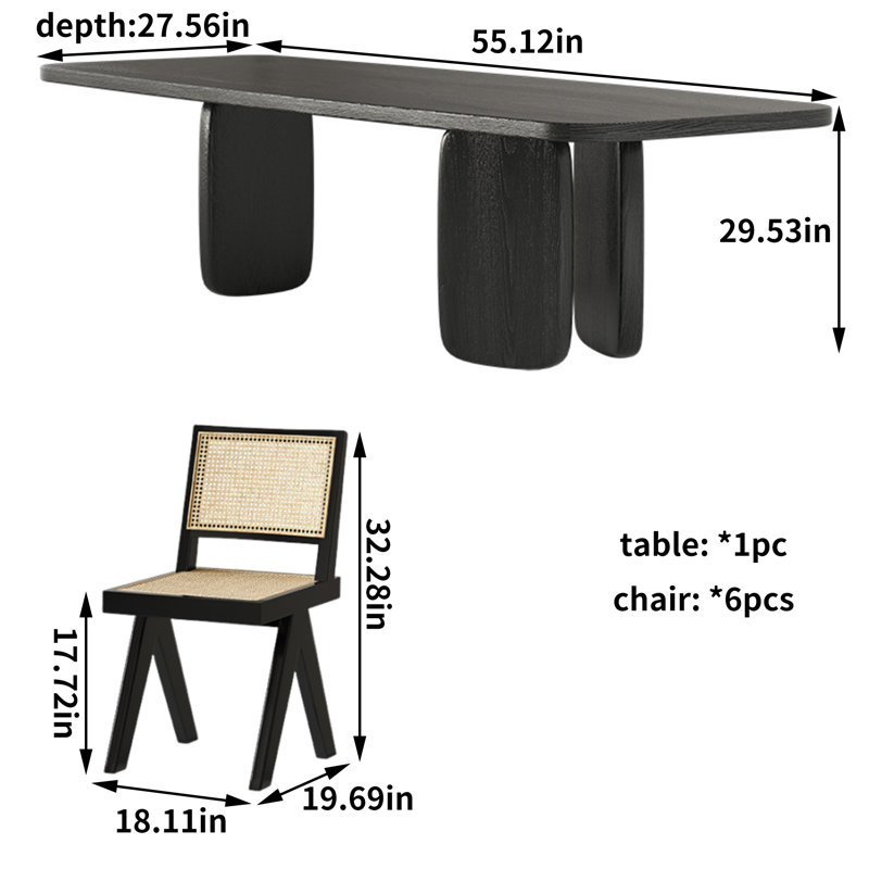 Black Solid Wood Ash Dining Table Set, 29.53"H x 55.12"L x 27.56"W