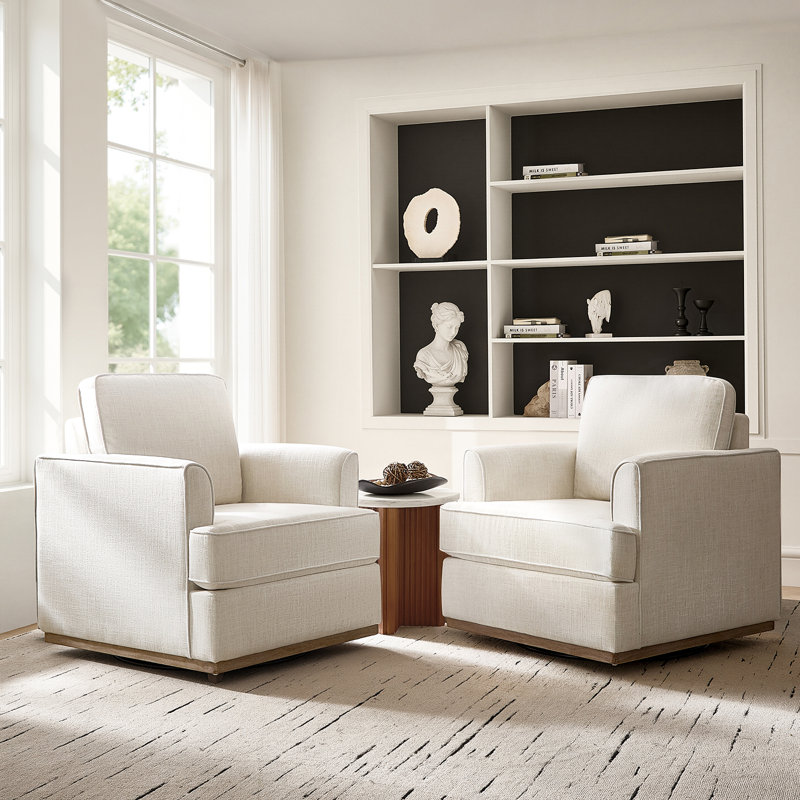 Parker Farmhouse 33'' W Upholstered Swivel Accent Armchair with Solid Wood Base, Beige