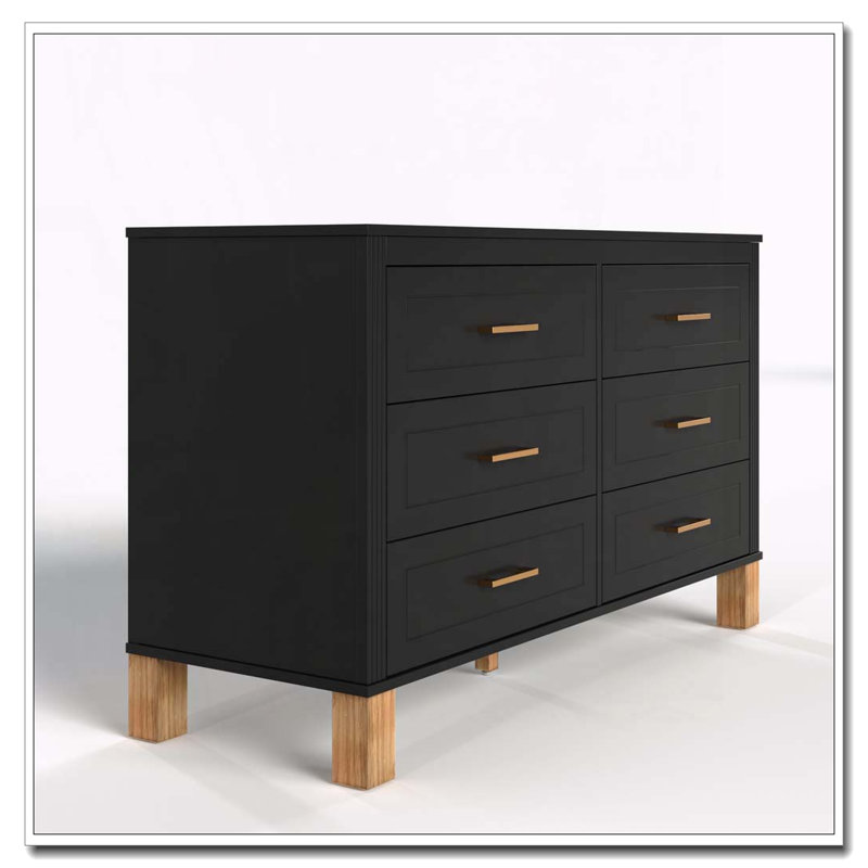 Commode 6 tiroirs moderne avec pieds en bois massif, Noir