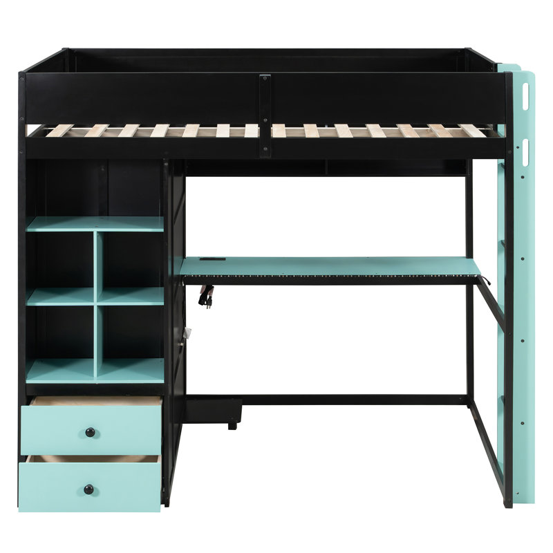 Lit mezzanine double avec rangement, bureau et armoire, chambre moderne en bois massif, Noir 1